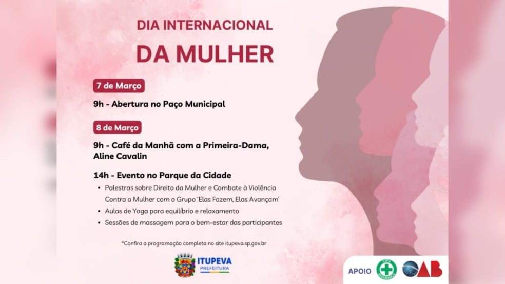 Flyer com a programação do Dia Internacional da Mulher de Itupeva.