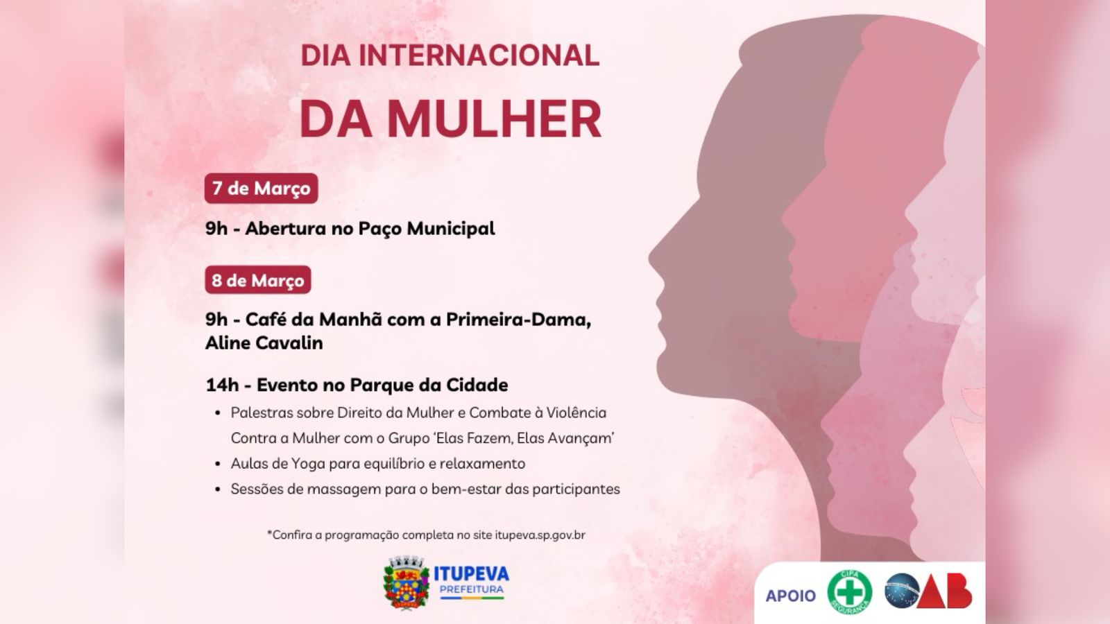 Flyer com a programação do Dia Internacional da Mulher de Itupeva.