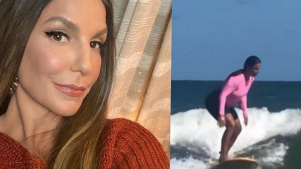 Foto de Ivete Sangalo ao lado de registro de vídeo onde ela surfa
