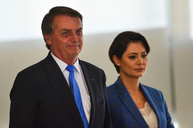 O presidente Jair Bolsonaro e a primeira-dama, Michelle Bolsonaro, participam do lançamento do Canal Educação e do Canal Libras, no Palácio do Planalto.
