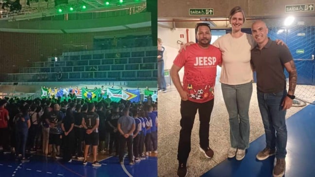 À esquerda, plateia em evento; à direita grandes nomes do esporte.