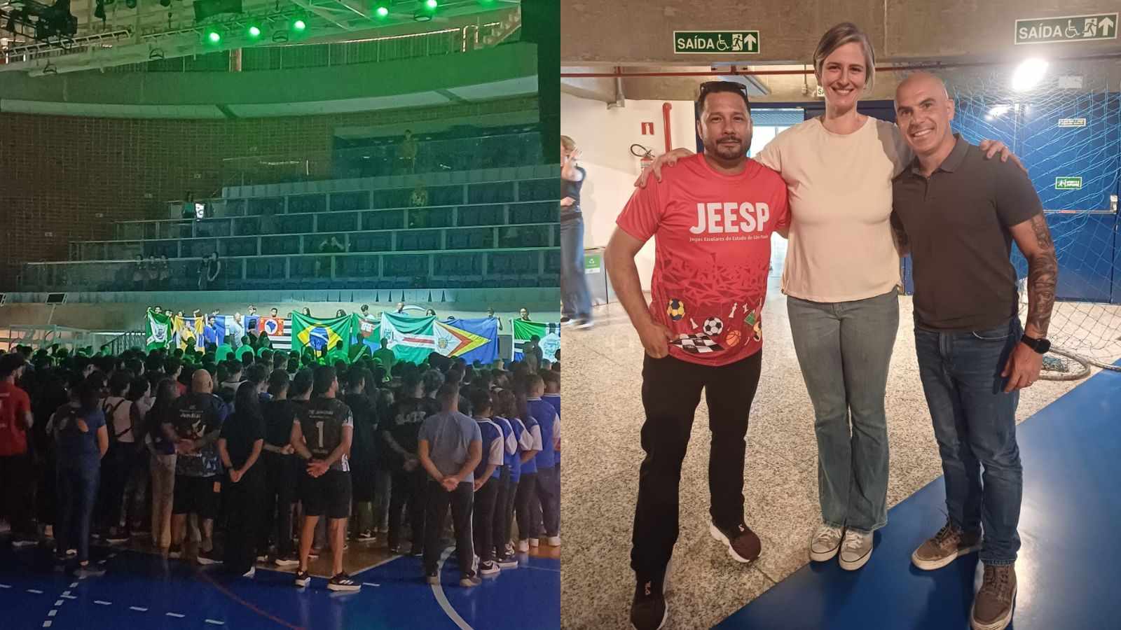 À esquerda, plateia em evento; à direita grandes nomes do esporte.