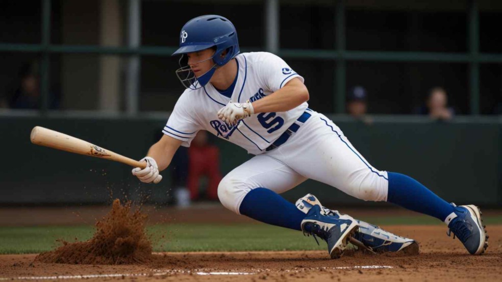 Jogador de beisebol deslizando para a base, usando uniforme branco e azul, em um campo de beisebol durante o jogo. Jogador de beisebol deslizando para a base, usando uniforme branco e azul, em um campo de beisebol durante o jogo.