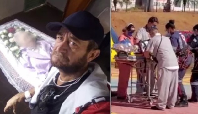 Foto de homem em velório, à esquerda; foto de homem sendo socorrido, à direita