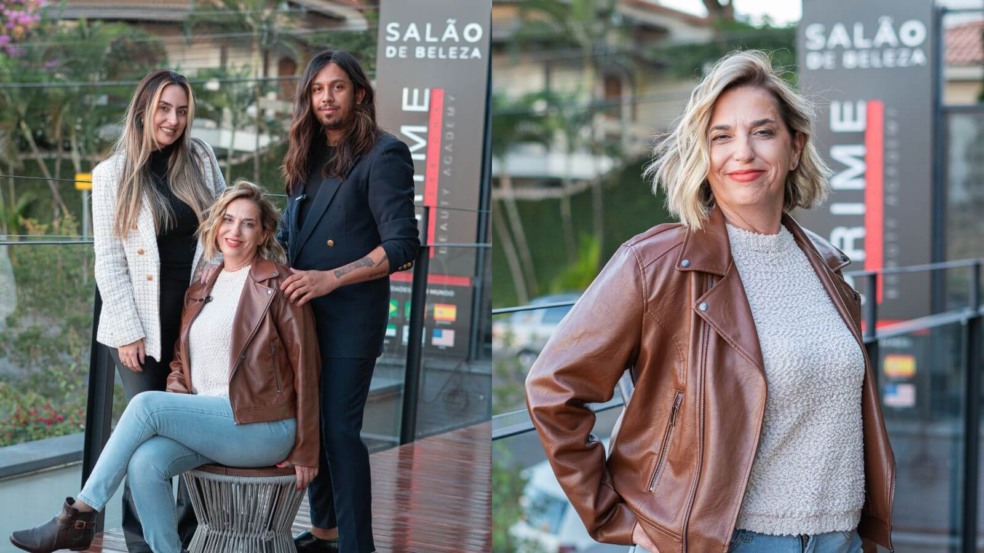Duas mulheres e um homem em frente a fachada de salão de beleza de Jundiaí Duas mulheres e um homem em frente a fachada de salão de beleza de Jundiaí