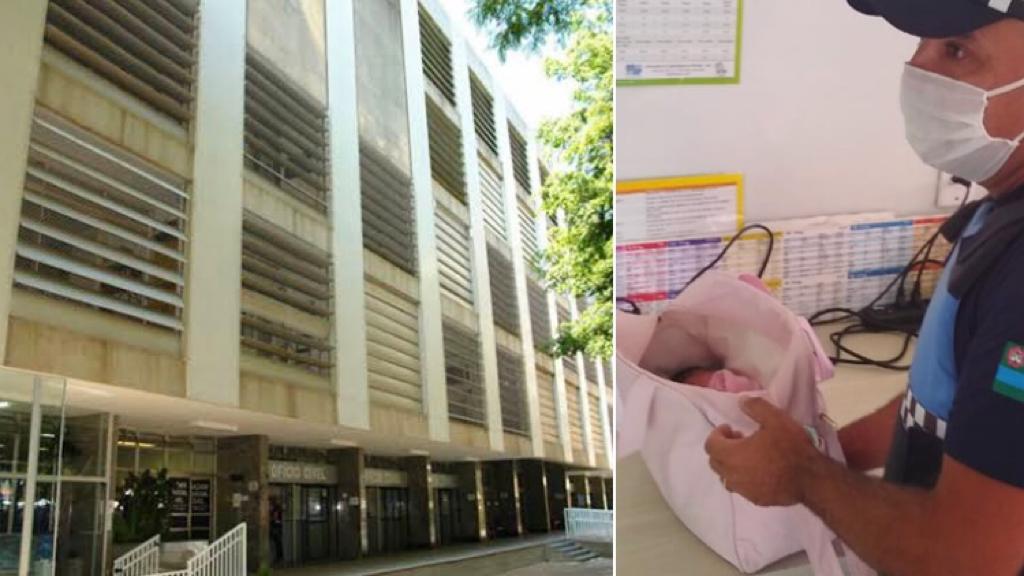 Foto do Fórum de Jundiaí ao lado do guarda que encontrou a recém-nascida, com ela nos braços