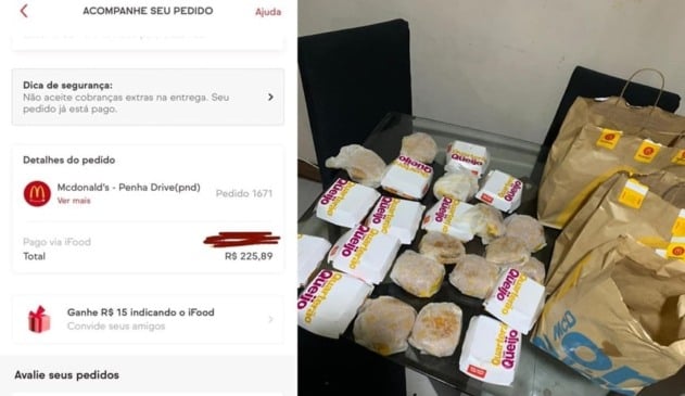 Foto de lanches, à direita; print de tela de celular, à esquerda