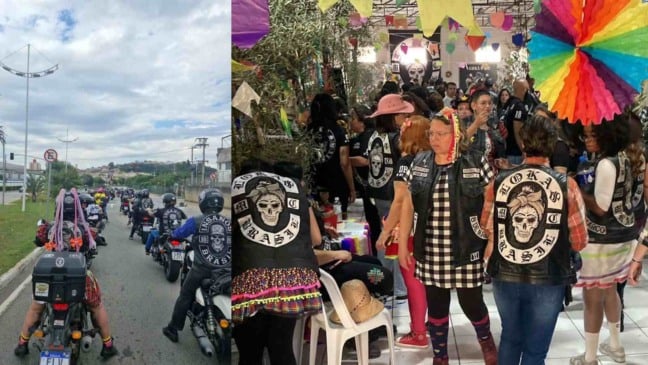 À esquerda, comboio de motos; à direita festa junina do motoclube Lokas MC.