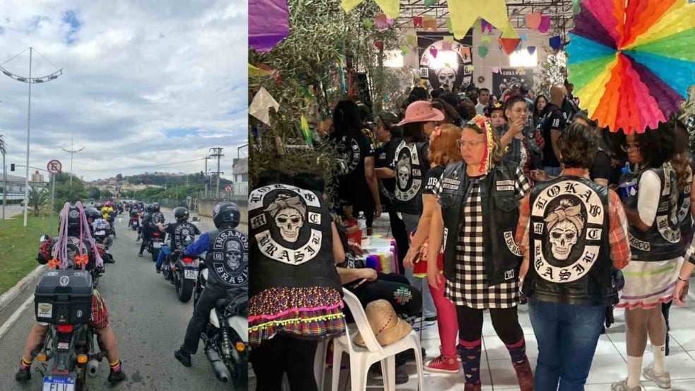 À esquerda, comboio de motos; à direita festa junina do motoclube Lokas MC.