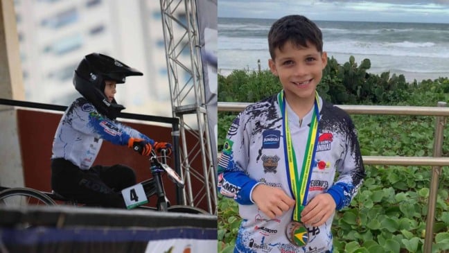 Lucca em largada, à esquerda; Lucca com a medalha à direita.