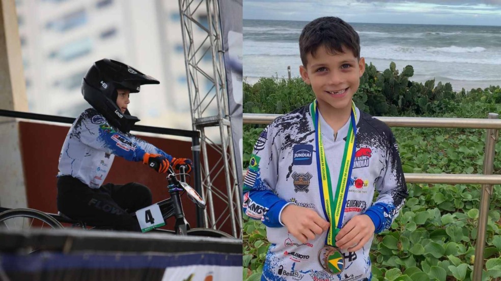 Lucca em largada, à esquerda; Lucca com a medalha à direita.