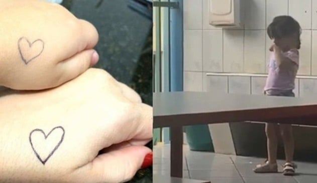 Desenho de coração em mãos, à esquerda; foto de menina beijando a mão, à direita