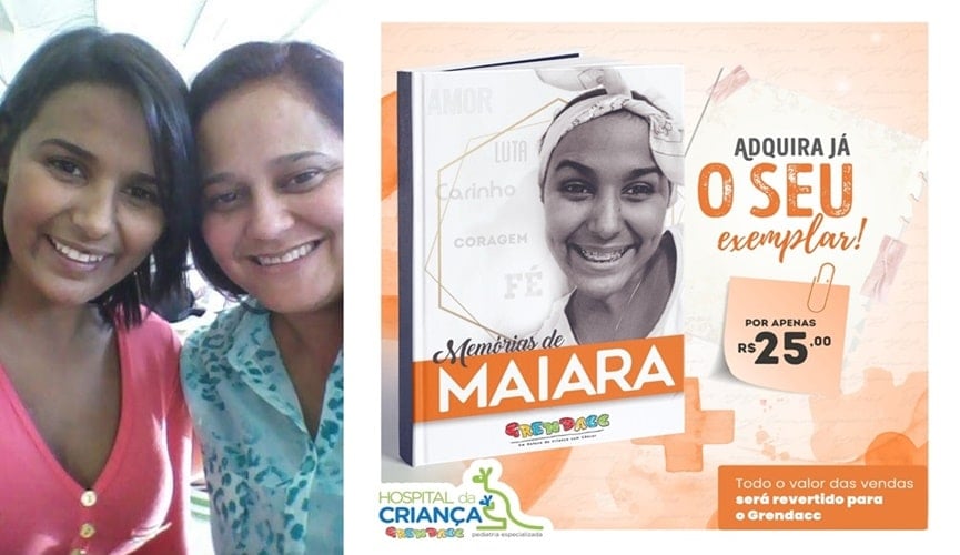 Foto de menina com mulher, à esquerda; foto de card de lançamento de livro, à direita