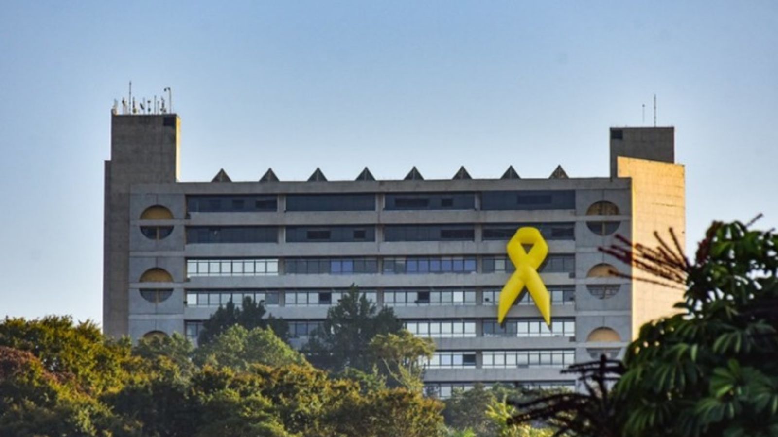 Foto: Fachada da Prefeitura de Jundiaí com laço de Maio Amarelo.