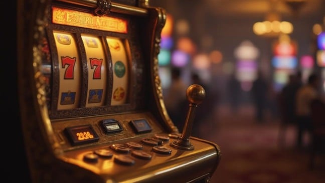 Máquina de caça-níqueis com três 7s alinhados, mostrando um grande prêmio em um cassino movimentado.
