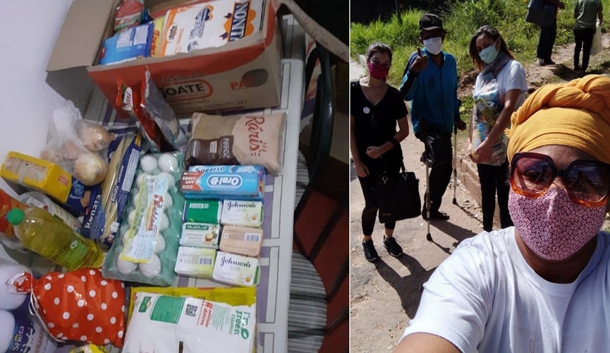 Foto de cesta básica, à esquerda; foto de homem de muleta recebendo doação, à esquerda)