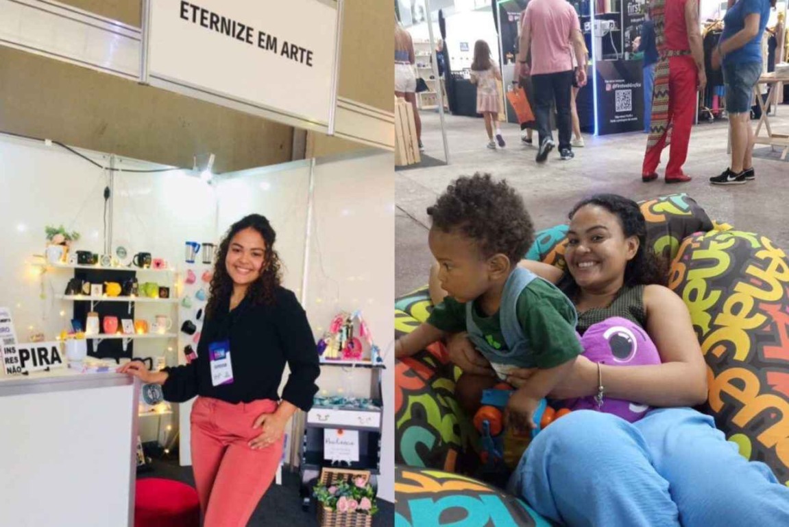 Durante a FENS, Maura concilia a tarefa de atender clientes, produzir e expor produtos com os cuidados do pequeno Heitor