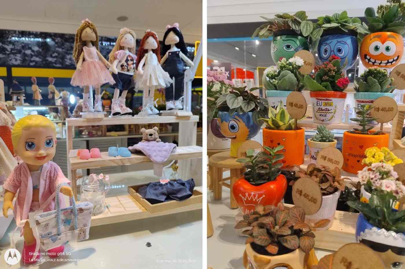 Bonecas de pano, suculentas e vasinhos criativos da Casa Santa Marta em exposição no Maxi Shopping Jundiaí para ação solidária.