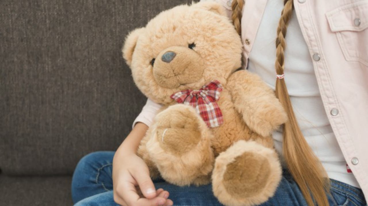 Foto de menina segurando um urso de pelúcia