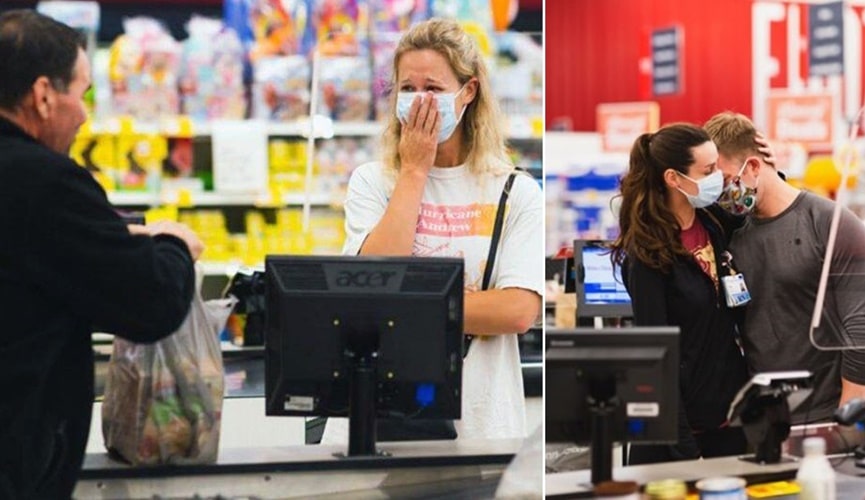 Pessoas emocionadas no caixa de supermercado