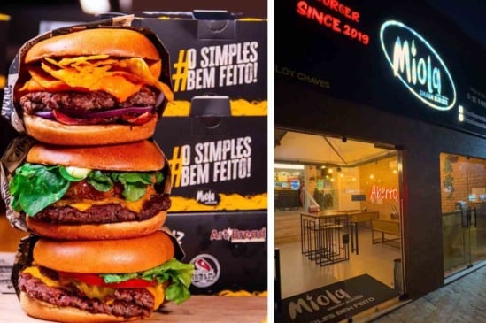 Três hambúrgueres do Miola Smash Burger e imagem da fachada da hamburgueria