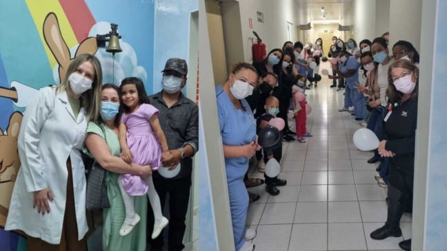À esquerda, paciente com a família; à direita, equipe médica com balões.