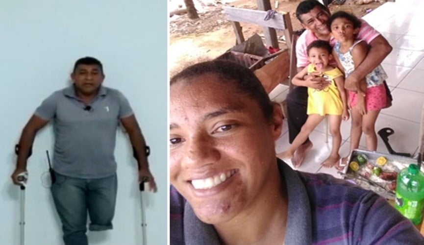 homem de muleta, à esquerda; homem com família, à direita homem de muleta, à esquerda; homem com família, à direita
