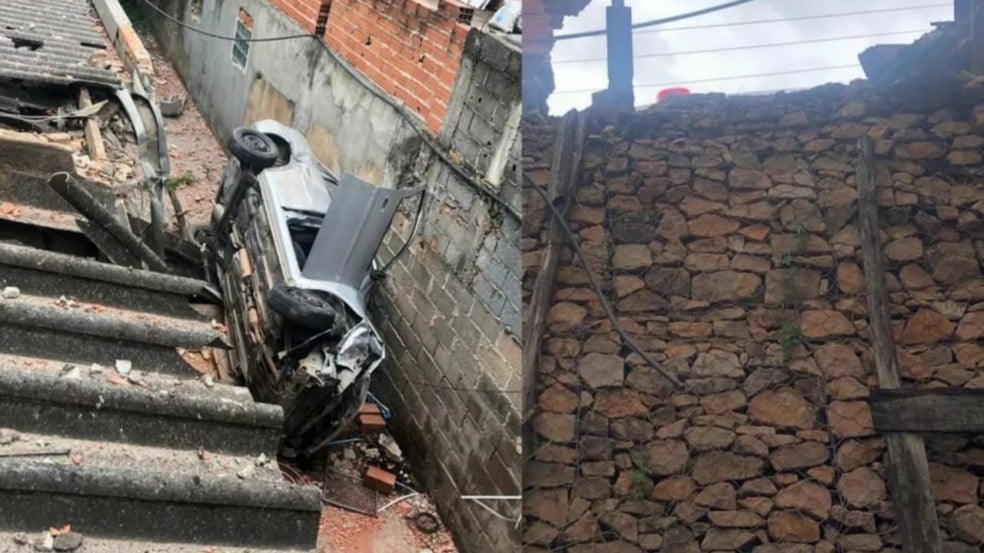 Motorista perde controle do carro que acaba "voando" para cima de casa em Campo Limpo Paulista