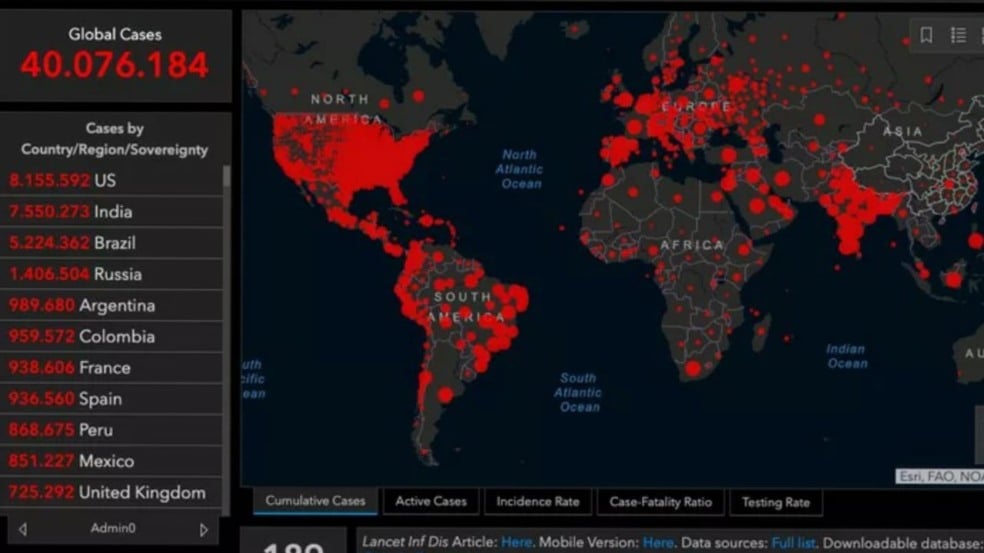 Gráfico de monitoramento da Universidade Johns Hopkins
