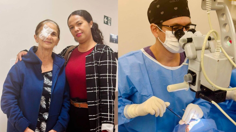 Duas mulheres abraçadas, uma delas com curativo no olho; médico realizando cirurgia de catarata em Campo Limpo Paulista.