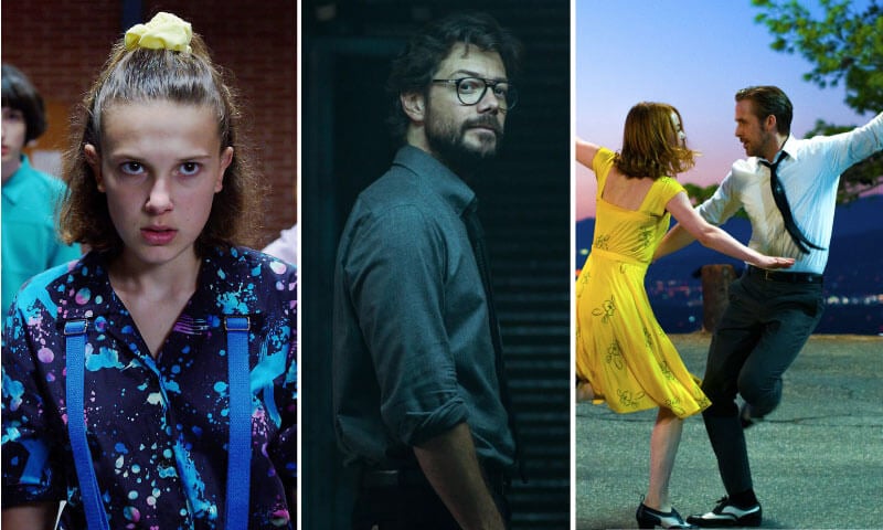 Da esquerda pra direita, trechos de Stranger Things, La Casa de Papel e La La Land