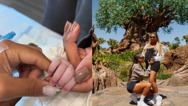 À esquerda, mães segurando a mão da filha; à direita Ludmilla e Brunna em foto.