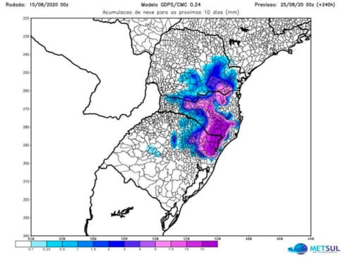 Uma das projeções do MetSul indica neve até o sul de SP MetSul/Divulgação