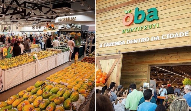 Foto da fachada e interior do Oba Hortifruti