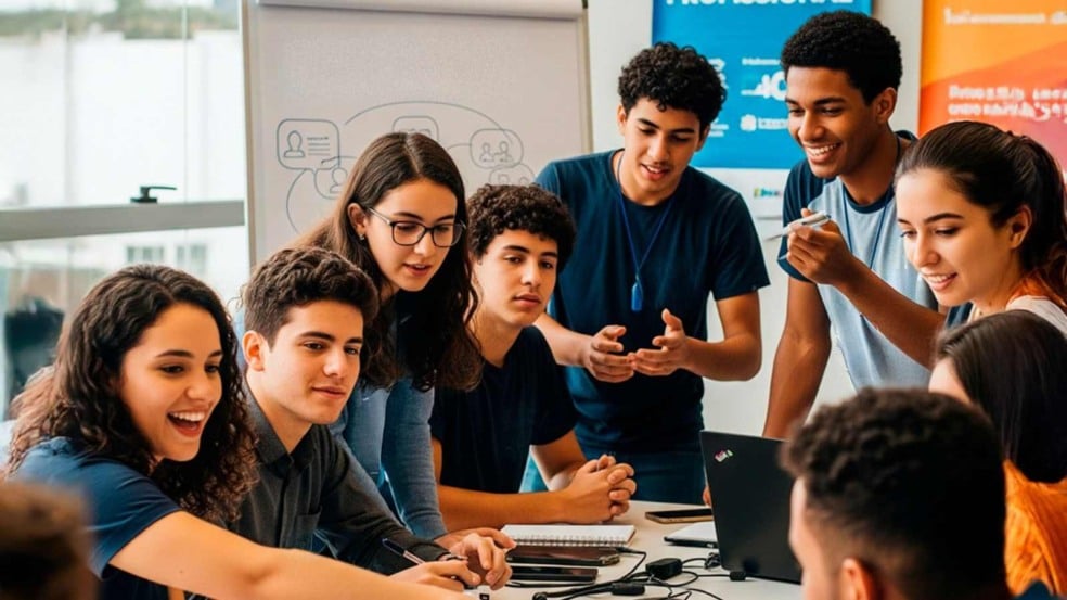 Jovens reunidos em sala de aula durante oficina, interagindo em grupo com notebooks e cadernos sobre a mesa.