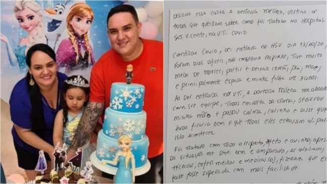 Família de paciente que escreveu carta de agradecimento ao Hospital São Vicente após vencer a Covid-19