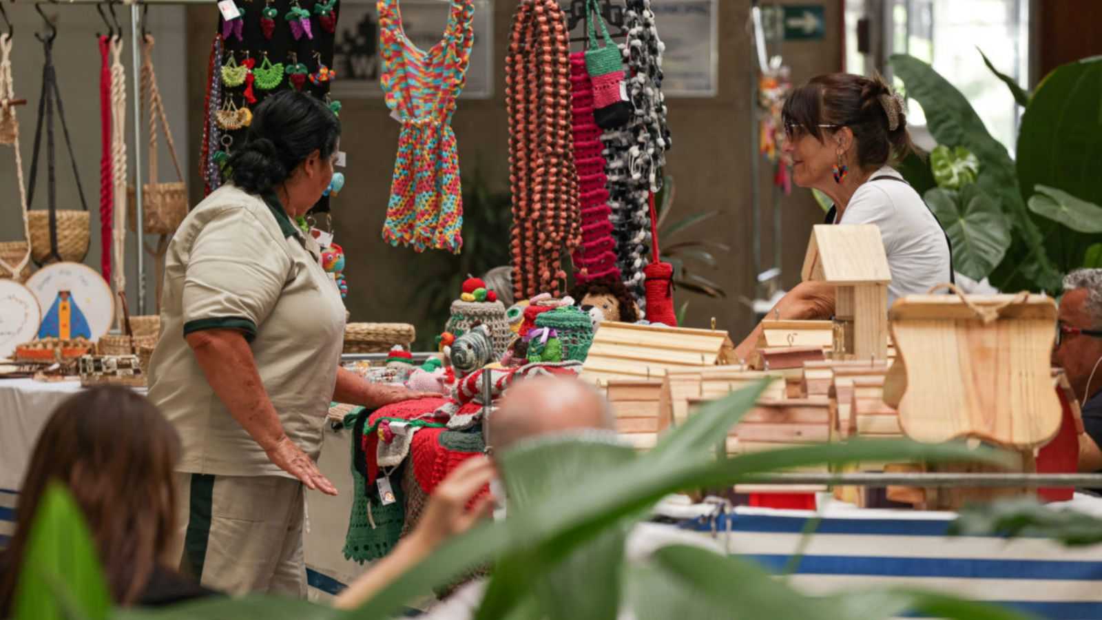 Mulher vendo feira de outra mulher.