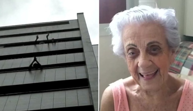 Sacada de prédio, à esquerda; idosa sorrindo, à direita