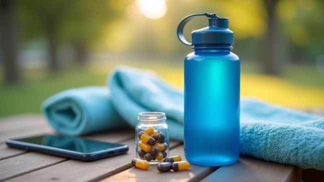Celular, garrafa de água, toalha e cápsulas de suplementos em cima de uma mesa