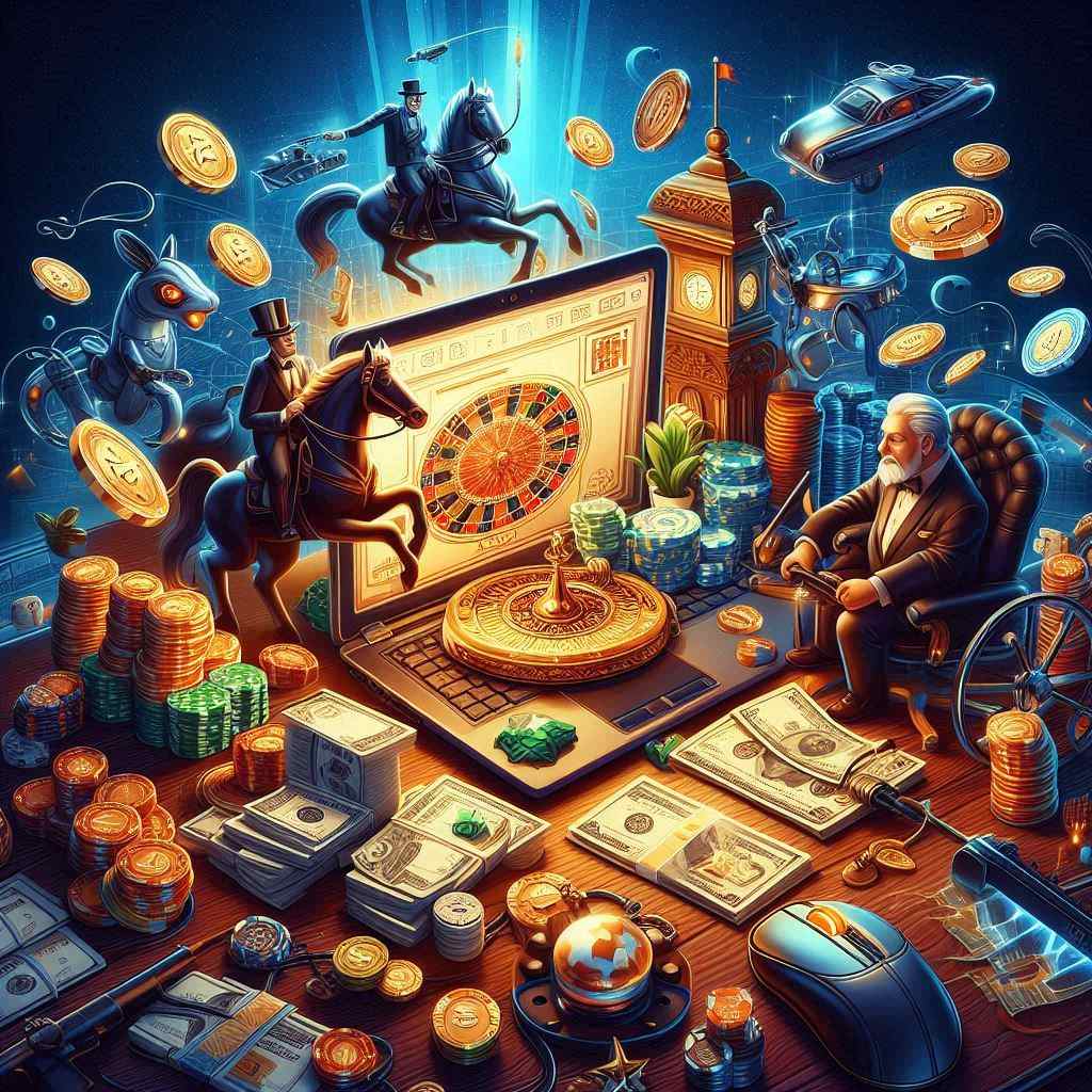Ilustração vibrante estilo pin-up de um cassino online, com moedas, fichas, roleta, laptop e um homem de terno elegante. Ilustração vibrante estilo pin-up de um cassino online, com moedas, fichas, roleta, laptop e um homem de terno elegante.