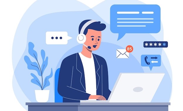 Ilustração de atendente de suporte ao cliente online, com ícones de mensagens e chamadas, representando o suporte Pin Up.