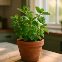 Planta de hortelã em vaso de barro marrom, sobre uma mesa de madeira, em uma cozinha clara, perto de uma janela com luz natural.