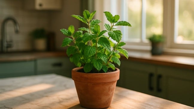 Planta de hortelã em vaso de barro marrom, sobre uma mesa de madeira, em uma cozinha clara, perto de uma janela com luz natural.