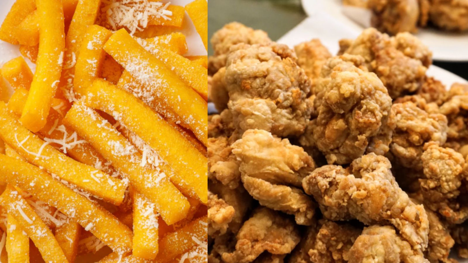 À esquerda, polenta frita com queijo ralado por cima; à direita porção de frango frito.