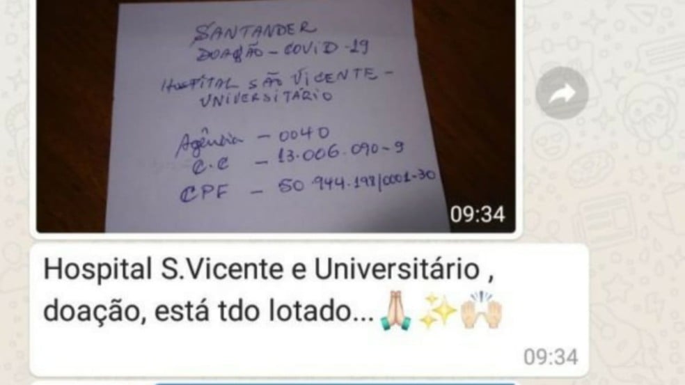 Print de mensagem falsa sobre doações em dinheiro à hospitais de Jundiaí