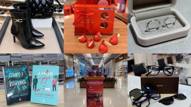Produtos em exposição: sapatos, chocolates, anéis, livros, óculos.