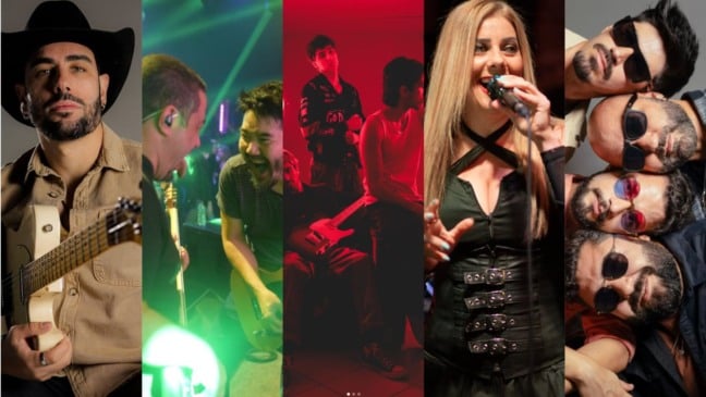 Cantores e bandas em montagem com cinco fotos