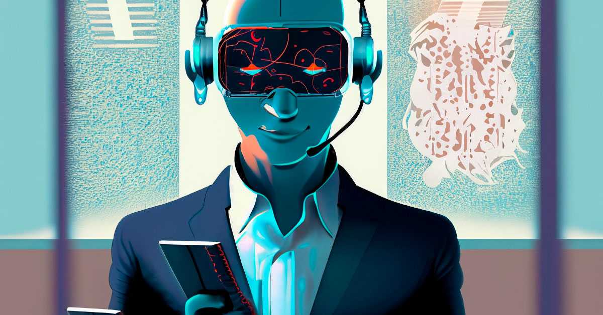 Ilustração de um profissional com headset e óculos de realidade aumentada, interagindo com IA em um ambiente de trabalho moderno. Ilustração de um profissional com headset e óculos de realidade aumentada, interagindo com IA em um ambiente de trabalho moderno.