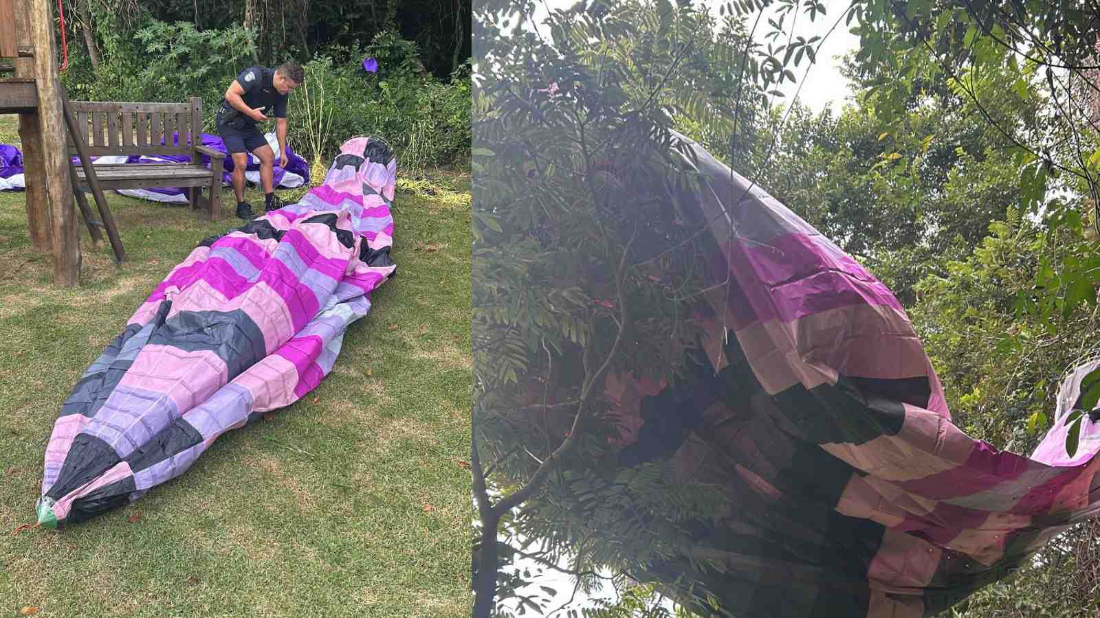 À esquerda, guarda recolhendo balão; à direita, balão enroscado nas árvores.