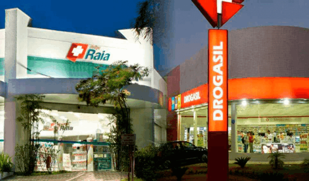 Fachadas das drogarias Raia e Drogasil